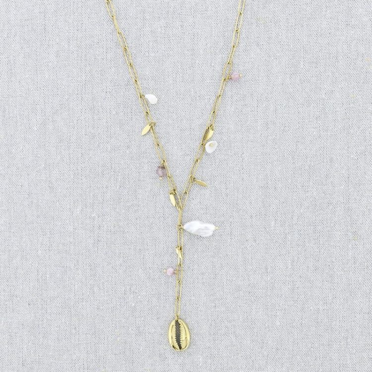 COLLAR ACERO CADENA COLGANTE CONCHA PERLAS 51CM 2