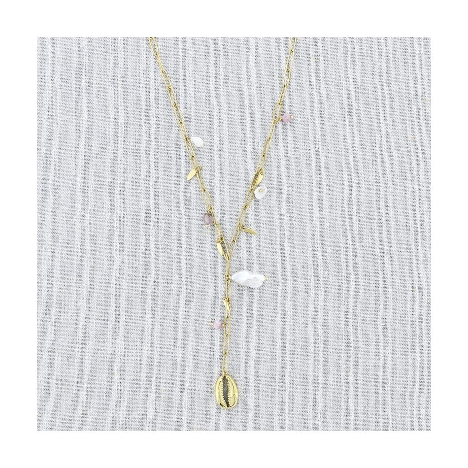 COLLAR ACERO CADENA COLGANTE CONCHA PERLAS 51CM