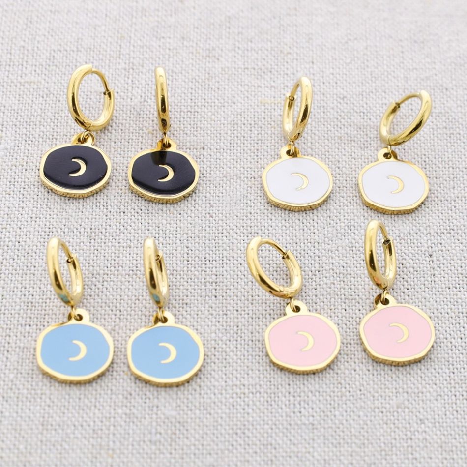 STEEL EARRINGS LITTLE ENAMEL MOON MEDAL