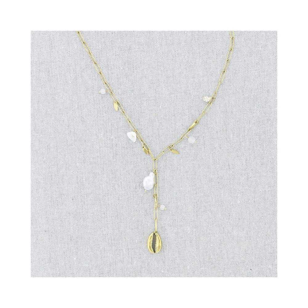 COLLAR ACERO CADENA COLGANTE CONCHA PERLAS 51CM