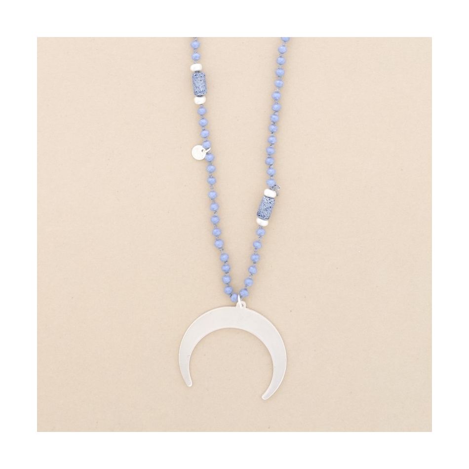 COLLAR LARGO CRISTALES FACETADOS COLGANTE MEDIA LUNA METAL