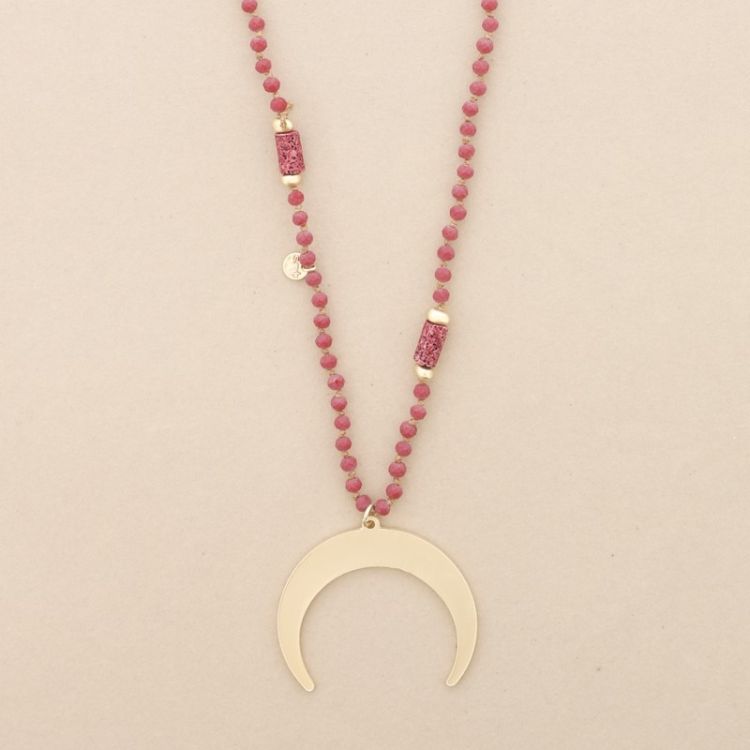 LONG NECKLACE WITH FACETED CRYSTALS METAL HALF MOON PENDANT 2