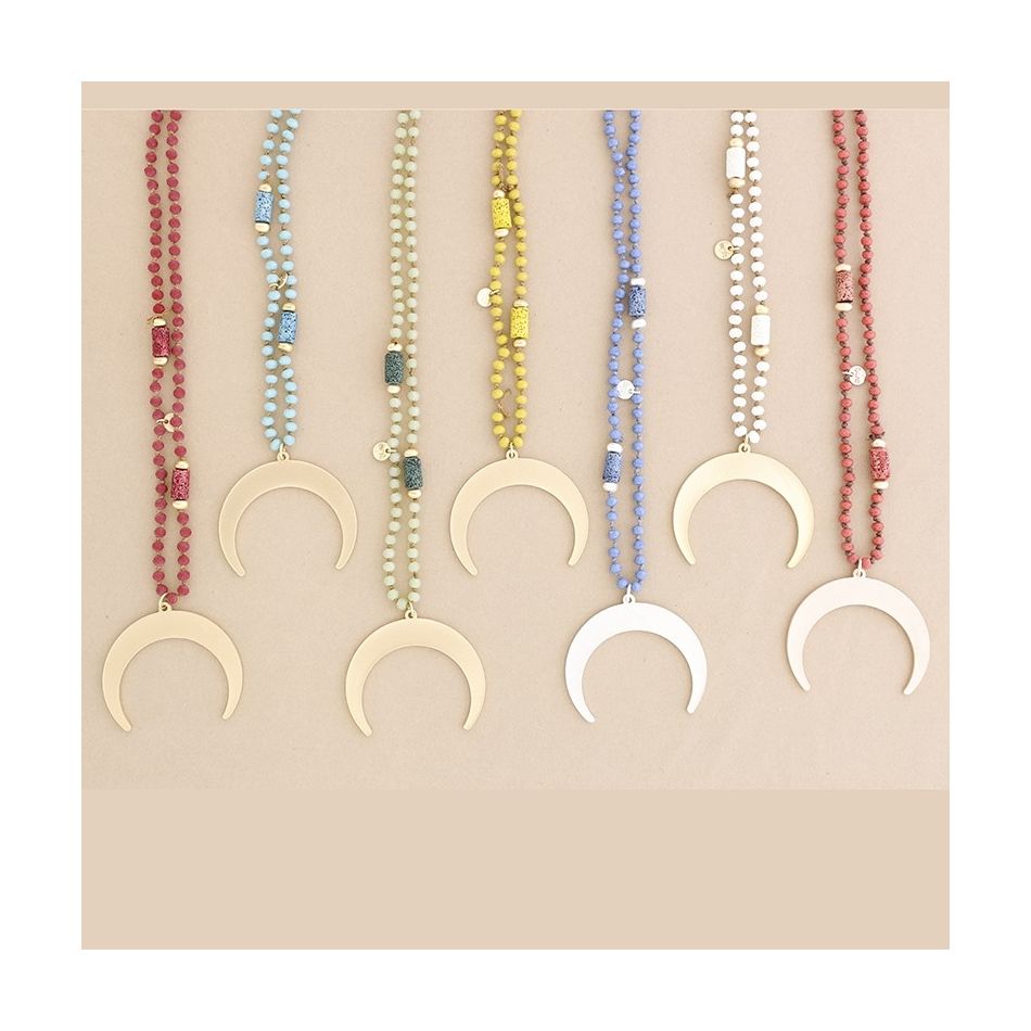 COLLAR LARGO CRISTALES FACETADOS COLGANTE MEDIA LUNA METAL