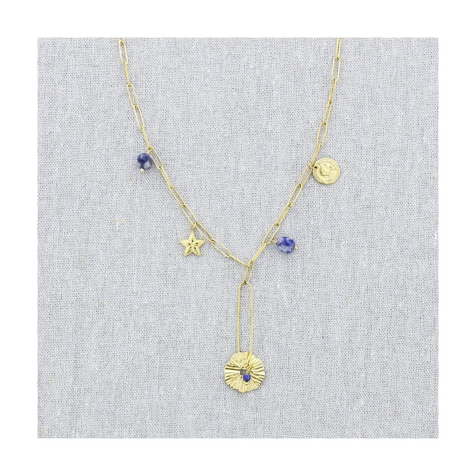 COLLAR ACERO CADENA COLGANTE MEDALLA PIEDRAS 52CM
