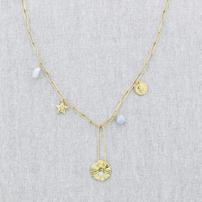 COLLAR ACERO CADENA COLGANTE MEDALLA PIEDRAS 52CM