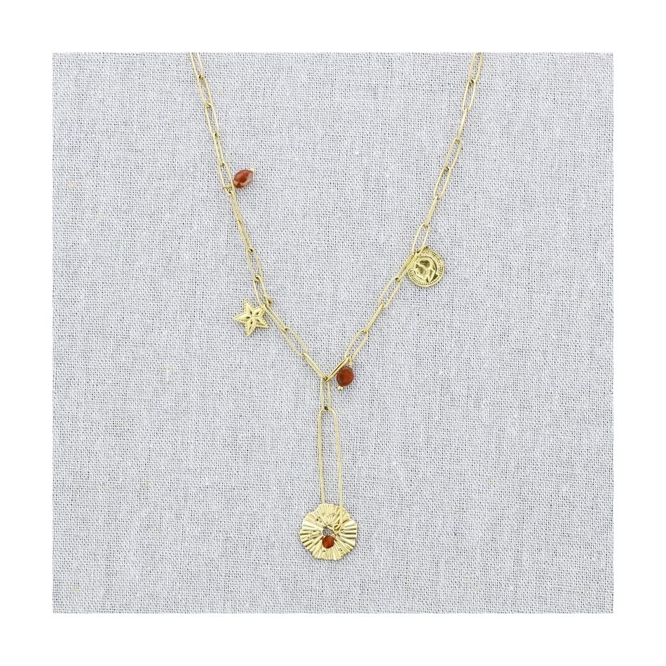 COLLAR ACERO CADENA COLGANTE MEDALLA PIEDRAS 52CM