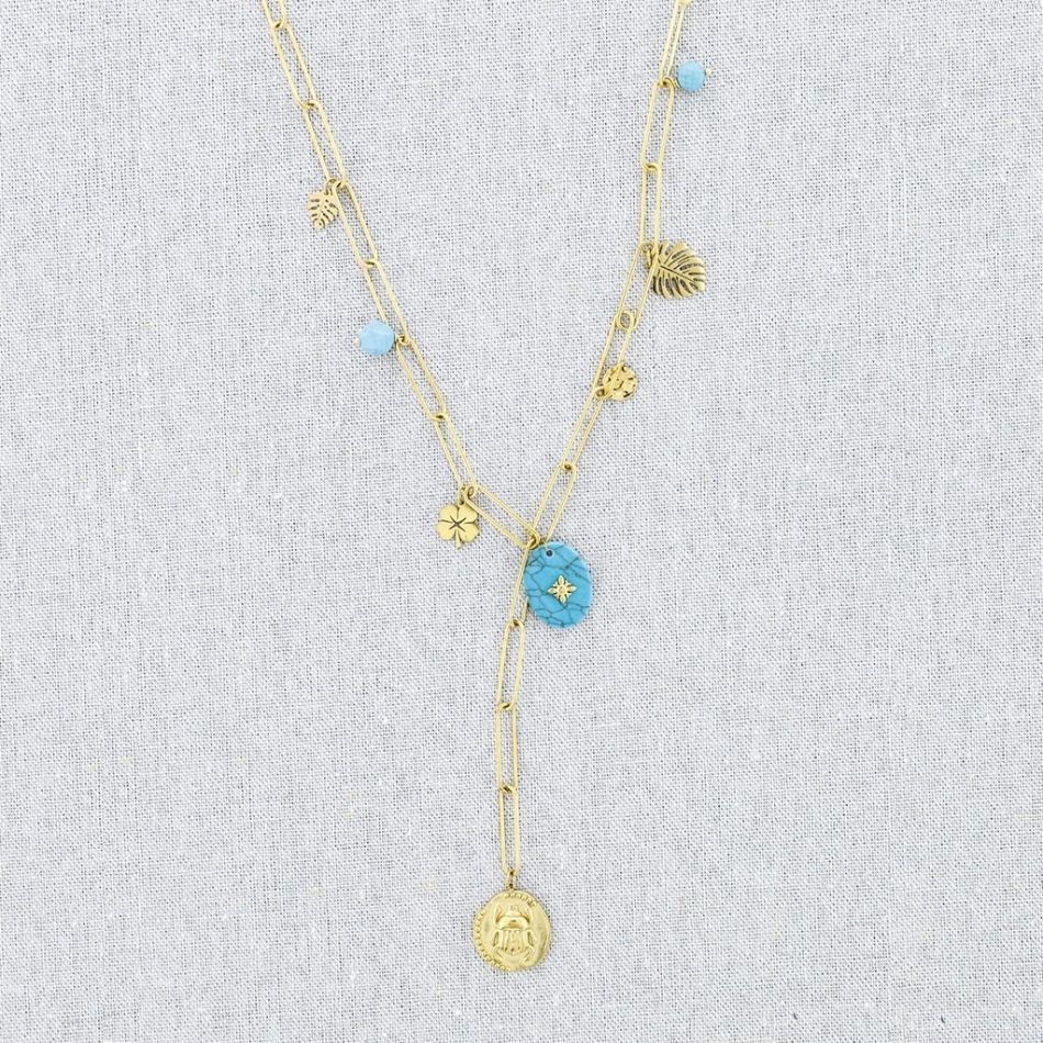COLLAR ACERO CADENA COLGANTE MEDALLA INSECTO PIEDRAS 54CM