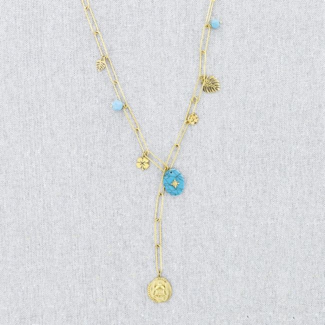 STEEL INSECT STONE MEDAL PENDANT CHAIN NECKLACE 54CM