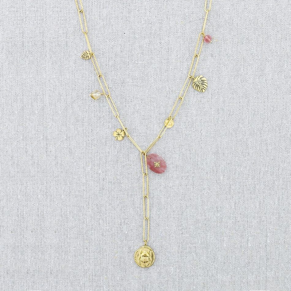 STEEL INSECT STONE MEDAL PENDANT CHAIN NECKLACE 54CM