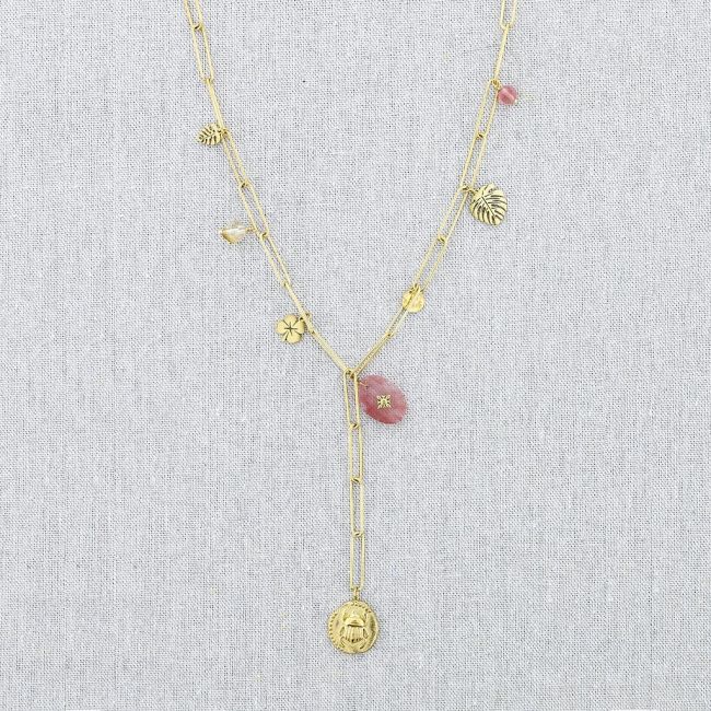 STEEL INSECT STONE MEDAL PENDANT CHAIN NECKLACE 54CM