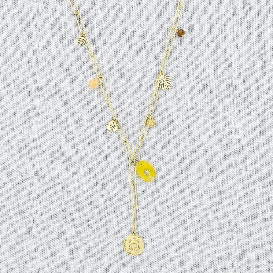 STEEL INSECT STONE MEDAL PENDANT CHAIN NECKLACE 54CM