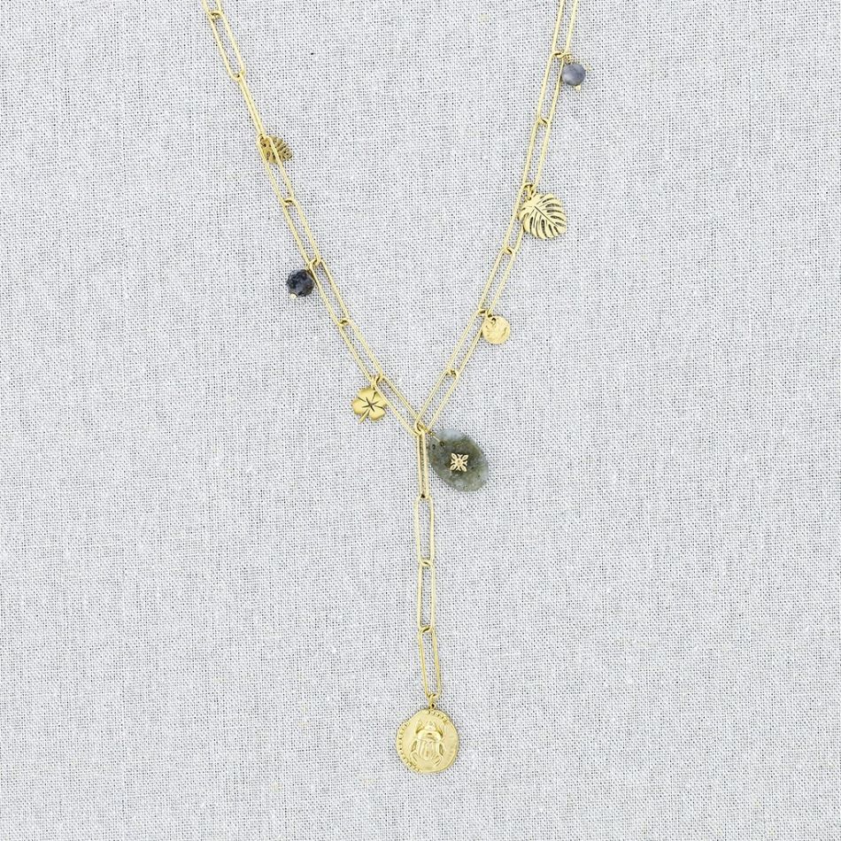 COLLAR ACERO CADENA COLGANTE MEDALLA INSECTO PIEDRAS 54CM
