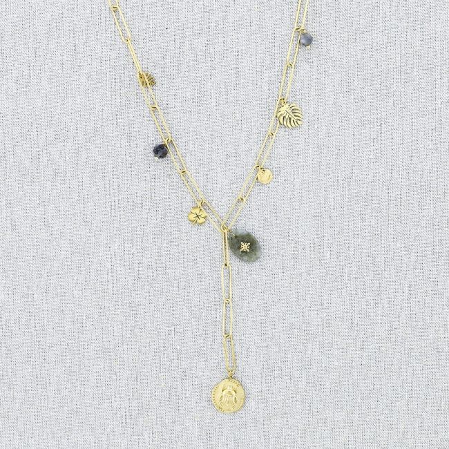 COLLAR ACERO CADENA COLGANTE MEDALLA INSECTO PIEDRAS 54CM