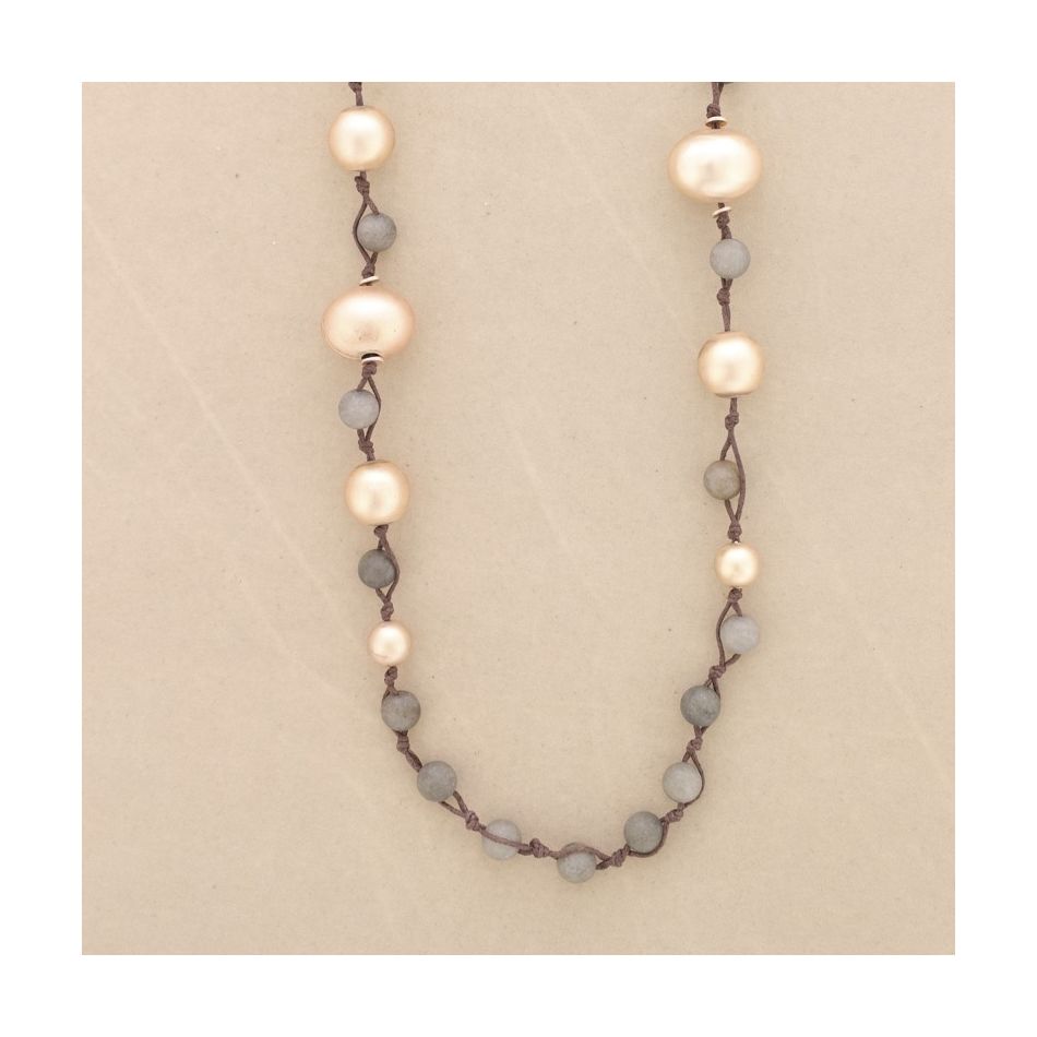 LONG NECKLACE WITH BRAIDED STONES METAL FINISH BEADS