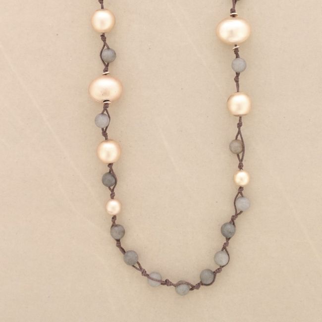 LONG NECKLACE WITH BRAIDED STONES METAL FINISH BEADS