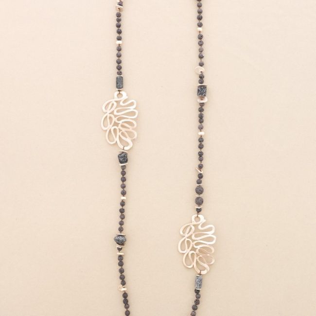 LONG NECKLACE LAVA BEADS METAL FIGURES