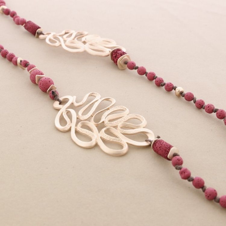 LONG NECKLACE LAVA BEADS METAL FIGURES