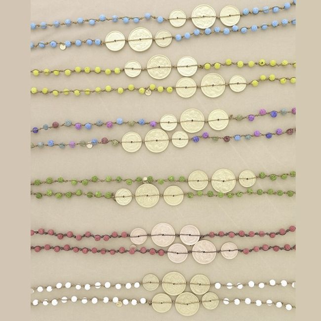 LONG NECKLACE BRAIDED LAVA BEADS METAL MEDALS