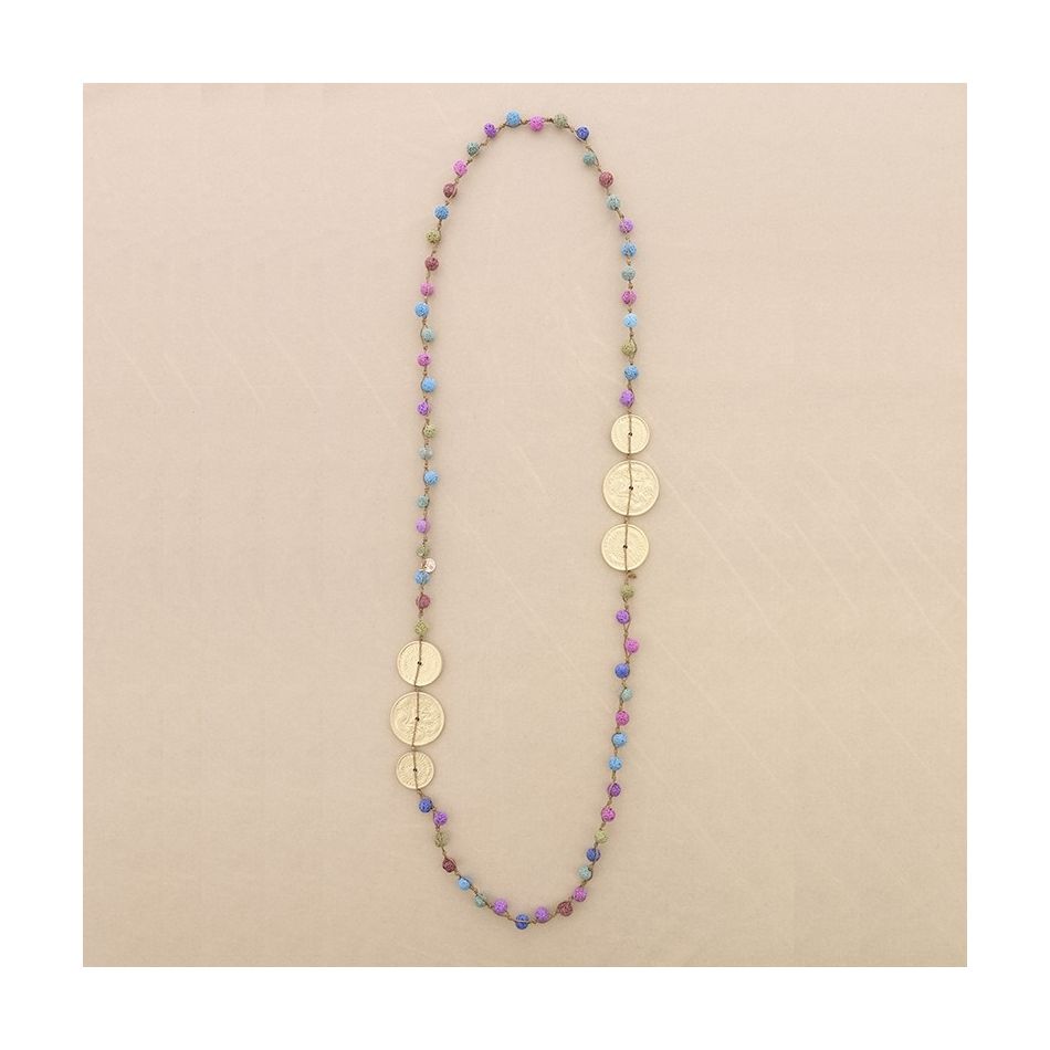 LONG NECKLACE BRAIDED LAVA BEADS METAL MEDALS