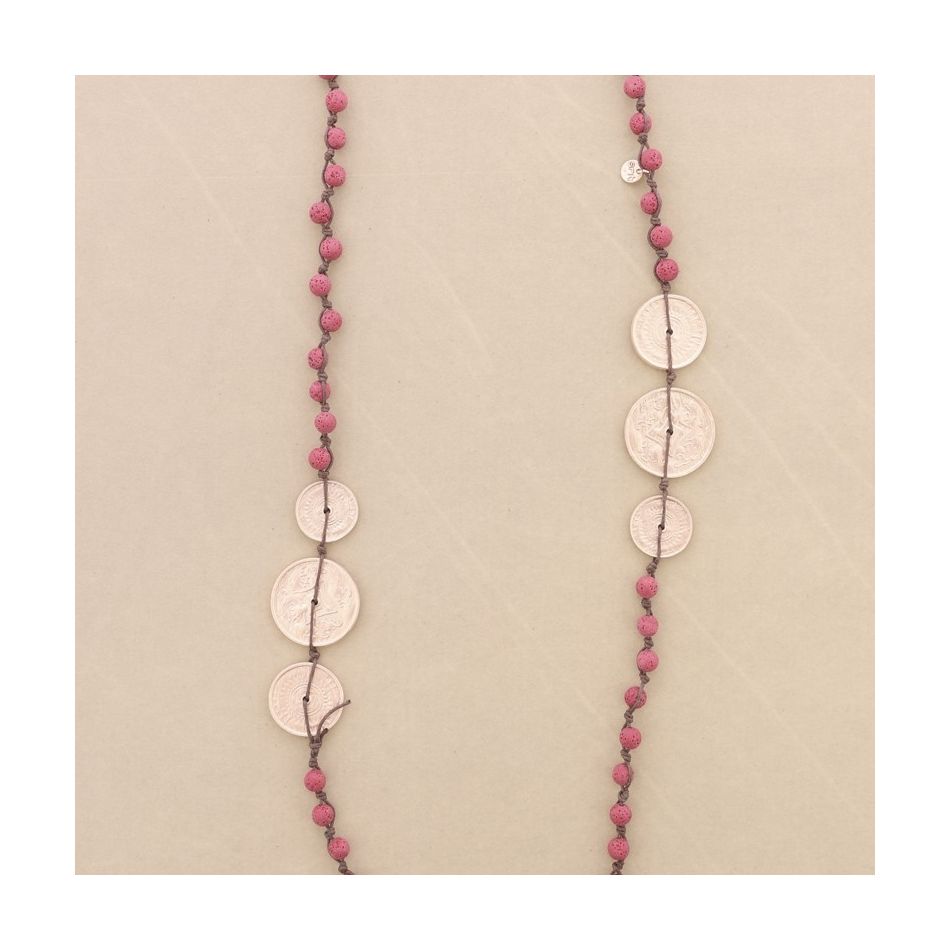 COLLAR LARGO CUENTAS LAVAS TRENZADAS MEDALLITAS METAL