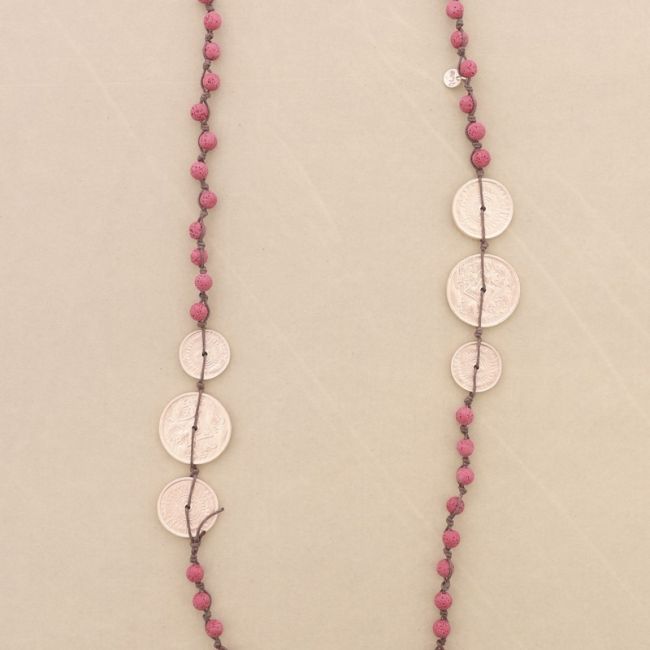 COLLAR LARGO CUENTAS LAVAS TRENZADAS MEDALLITAS METAL