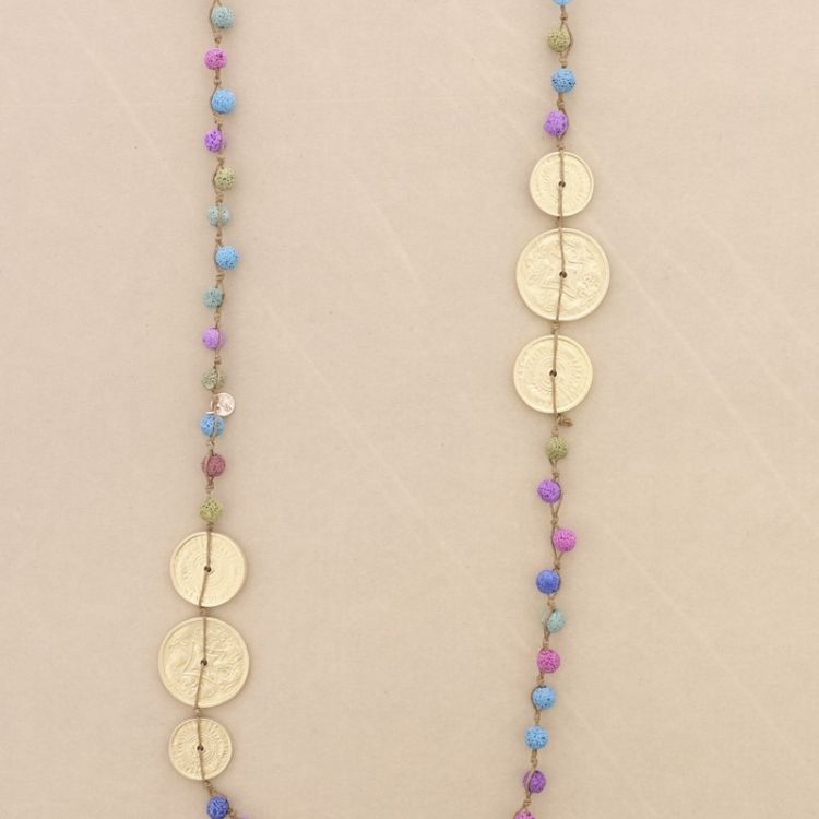 LONG NECKLACE BRAIDED LAVA BEADS METAL MEDALS 2