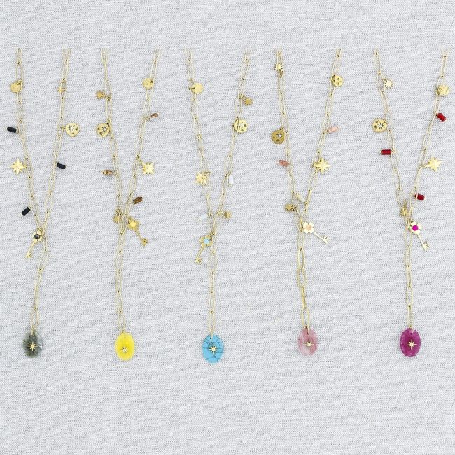 STONE PENDANT CHAIN STEEL NECKLACE 50CM