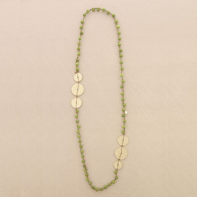 LONG NECKLACE BRAIDED LAVA BEADS METAL MEDALS