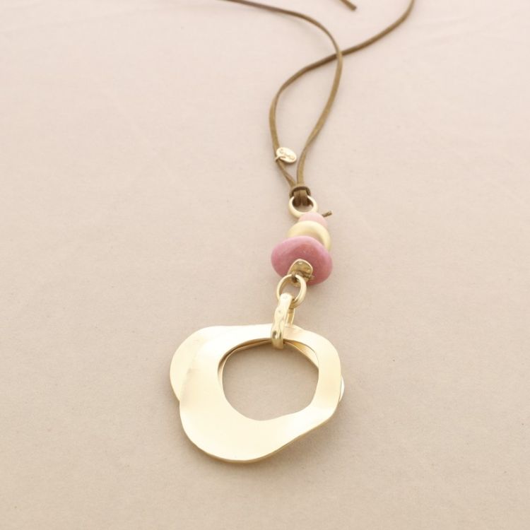 METAL DOUBLE RING STONE PENDANT LONG NECKLACE