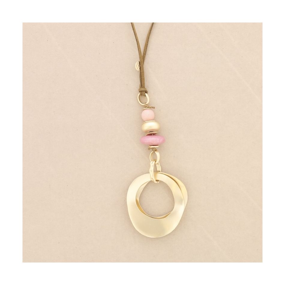 METAL DOUBLE RING STONE PENDANT LONG NECKLACE