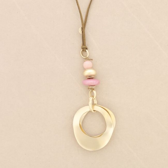 METAL DOUBLE RING STONE PENDANT LONG NECKLACE