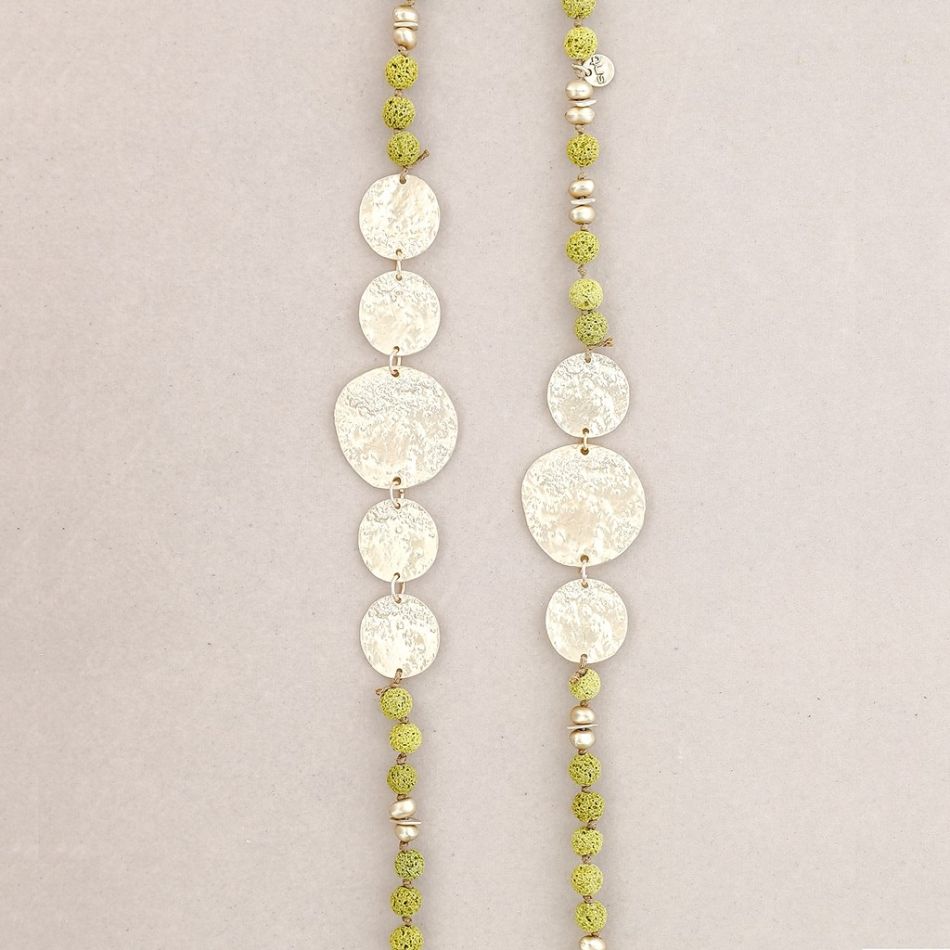 LONG NECKLACE LAVA BEADS METAL MEDALS