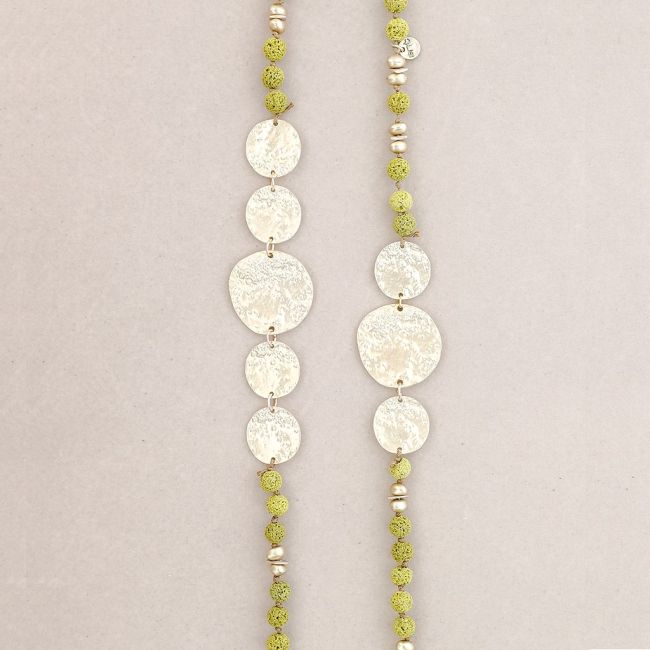 LONG NECKLACE LAVA BEADS METAL MEDALS