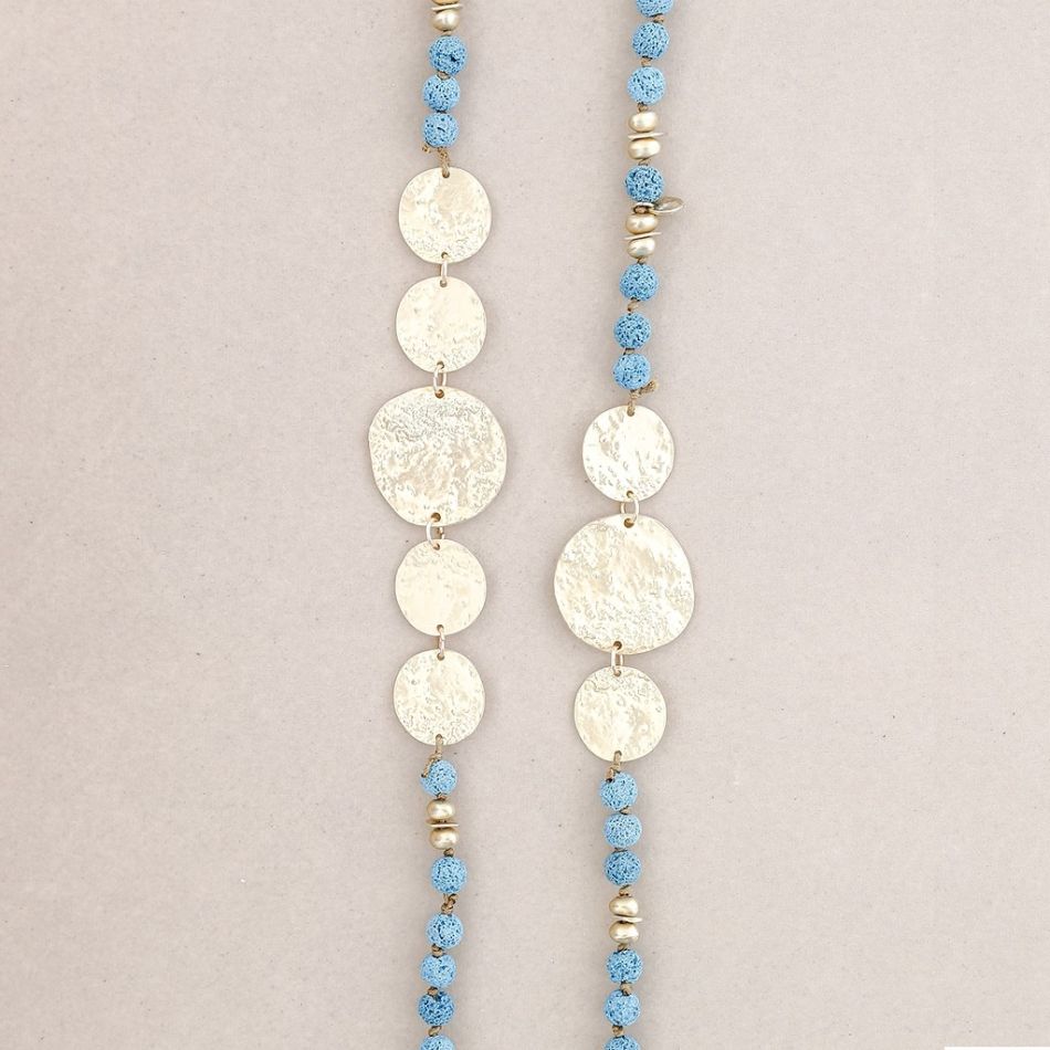 LONG NECKLACE LAVA BEADS METAL MEDALS
