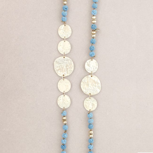 LONG NECKLACE LAVA BEADS METAL MEDALS