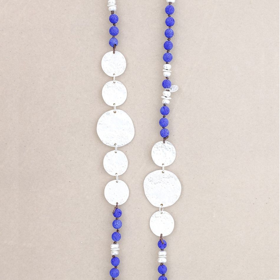 LONG NECKLACE LAVA BEADS METAL MEDALS