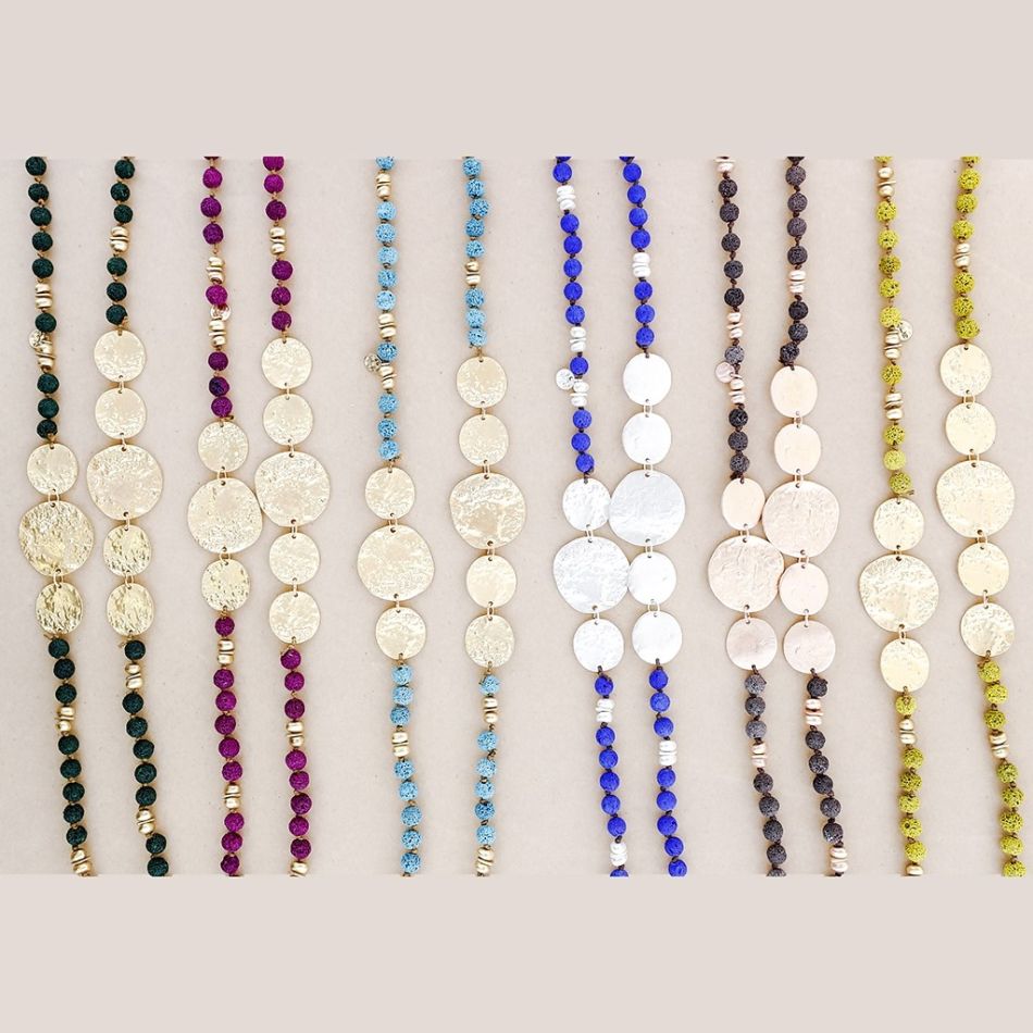 LONG NECKLACE LAVA BEADS METAL MEDALS