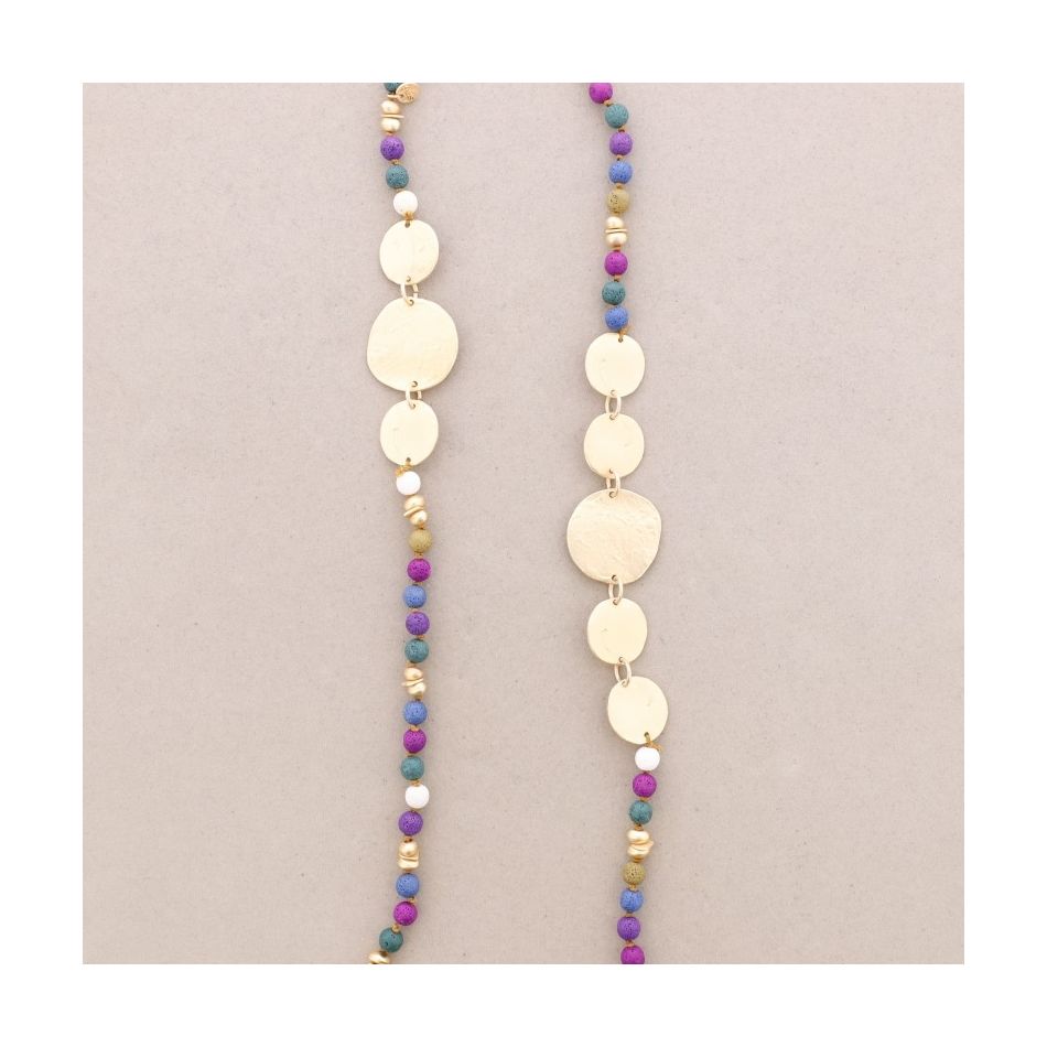COLLAR LARGO CUENTAS LAVAS MEDALLAS METAL