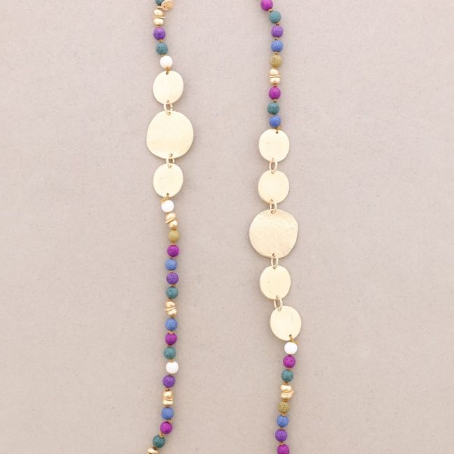 LONG NECKLACE LAVA BEADS METAL MEDALS