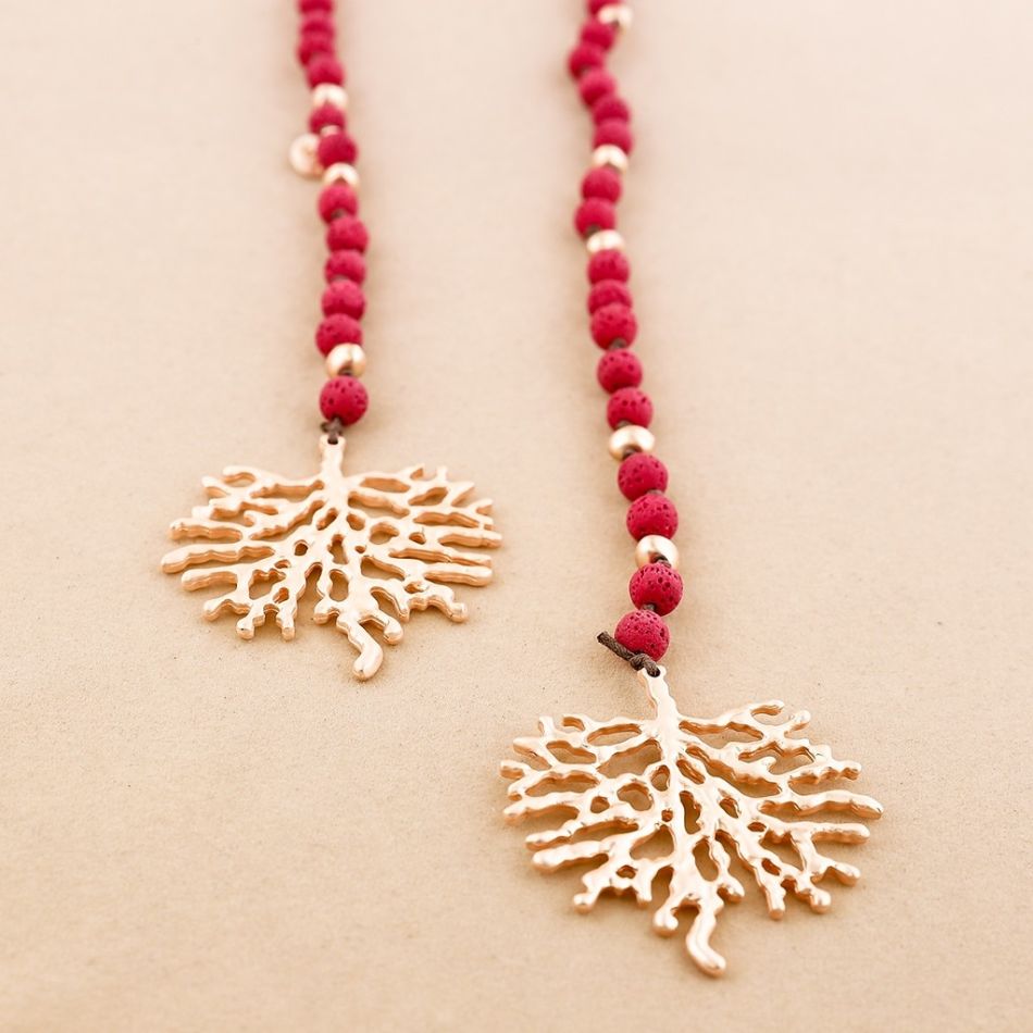 LONG NECKLACE LAVA BEADS CORAL METAL