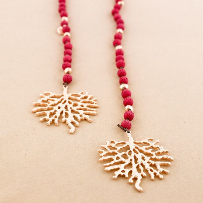 LONG NECKLACE LAVA BEADS CORAL METAL