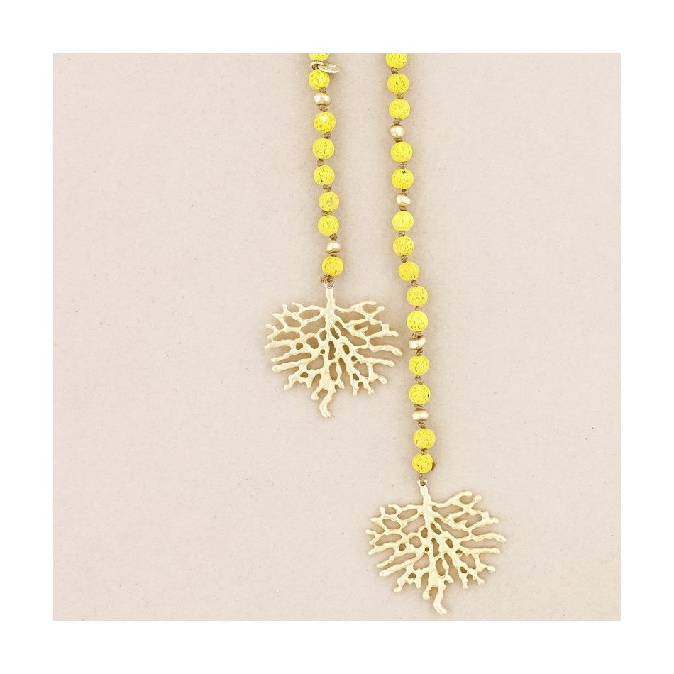 LONG NECKLACE LAVA BEADS CORAL METAL