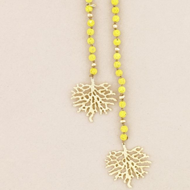 LONG NECKLACE LAVA BEADS CORAL METAL