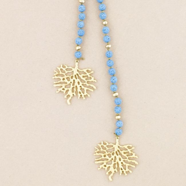 LONG NECKLACE LAVA BEADS CORAL METAL