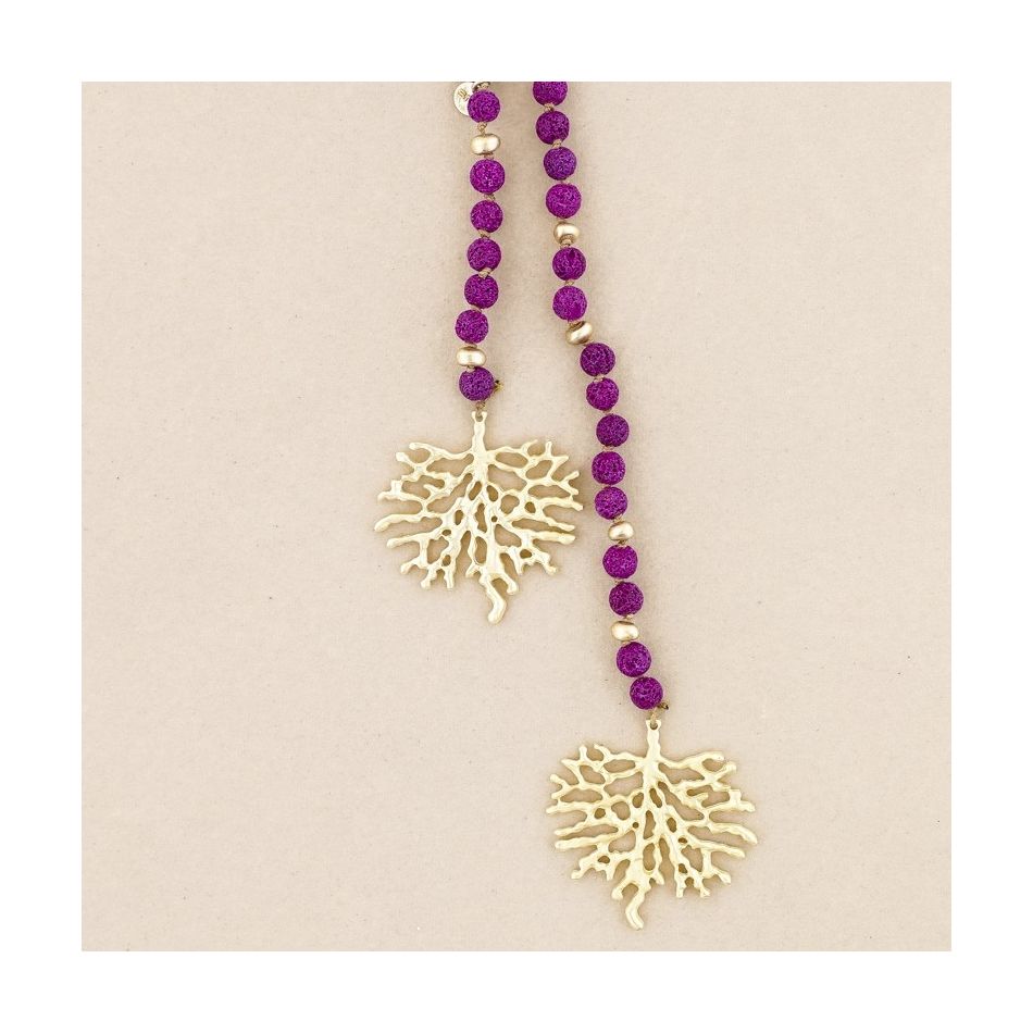 COLLAR LARGO CUENTAS LAVAS CORAL METAL