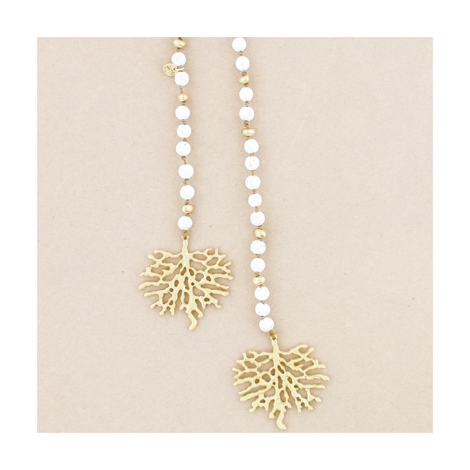LONG NECKLACE LAVA BEADS CORAL METAL