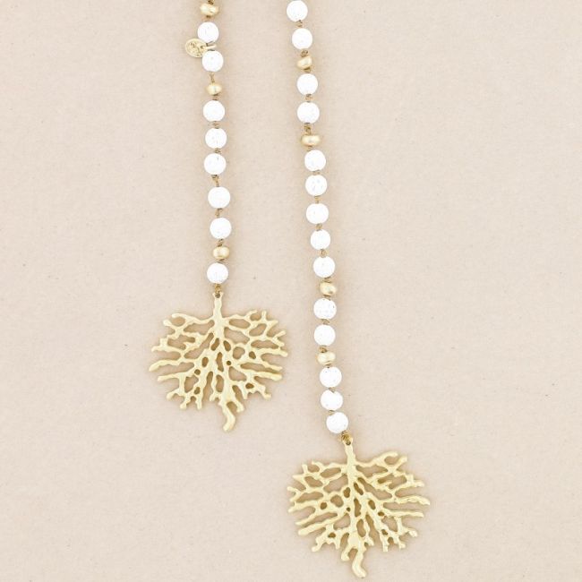 LONG NECKLACE LAVA BEADS CORAL METAL
