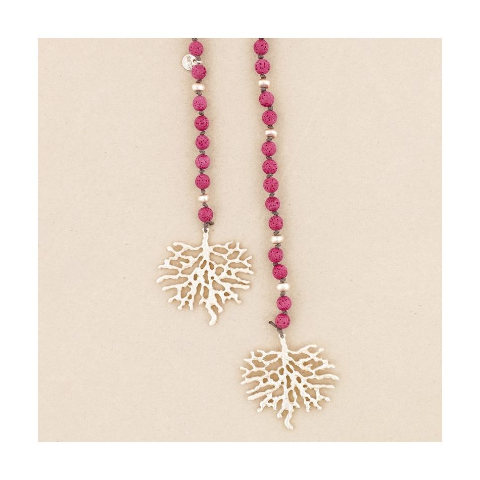 LONG NECKLACE LAVA BEADS CORAL METAL