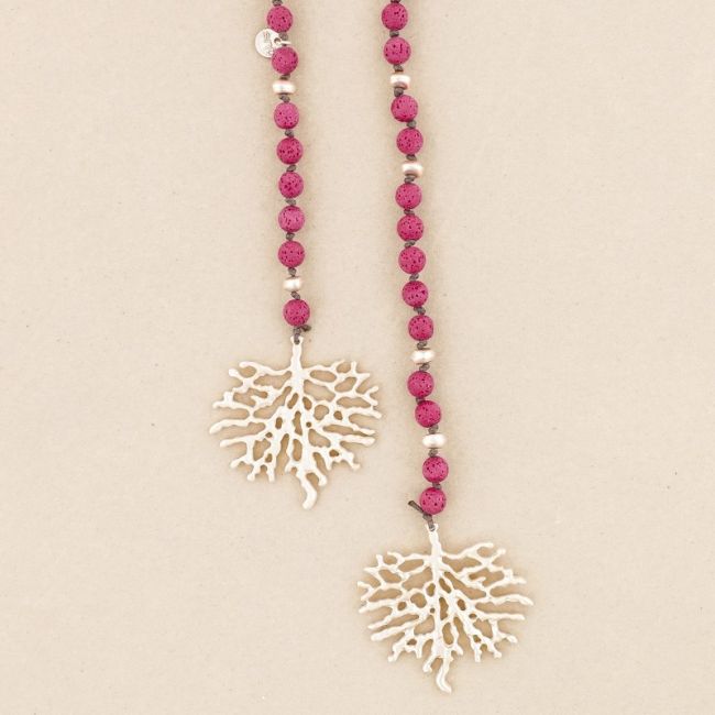 LONG NECKLACE LAVA BEADS CORAL METAL