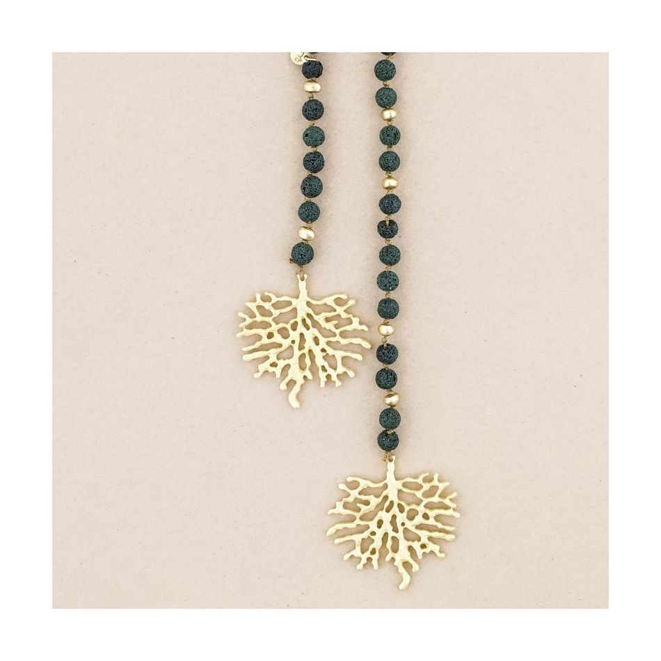 LONG NECKLACE LAVA BEADS CORAL METAL